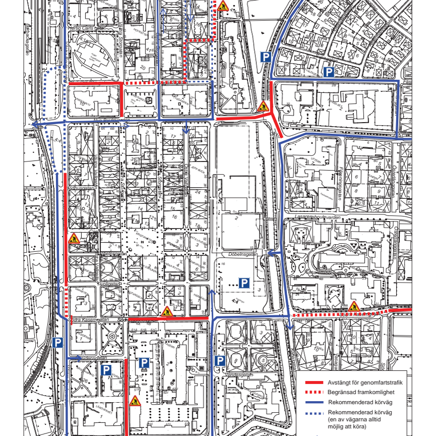Karta över rekommenderade körvägar i Kristianstad vid ombyggnad 4-25