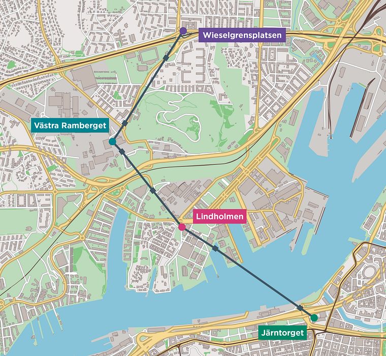 Karta över Göteborgs Stadslinbanas sträckning och stationer - Göteborgs