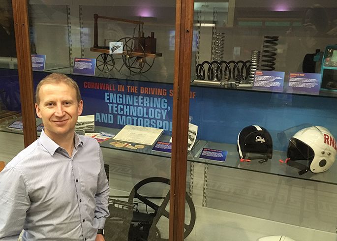 Michael Gibbs, MD of European Springs & Pressings Ltd alongside his spring exhibits at the BLOODHOUND SSC exhibition.