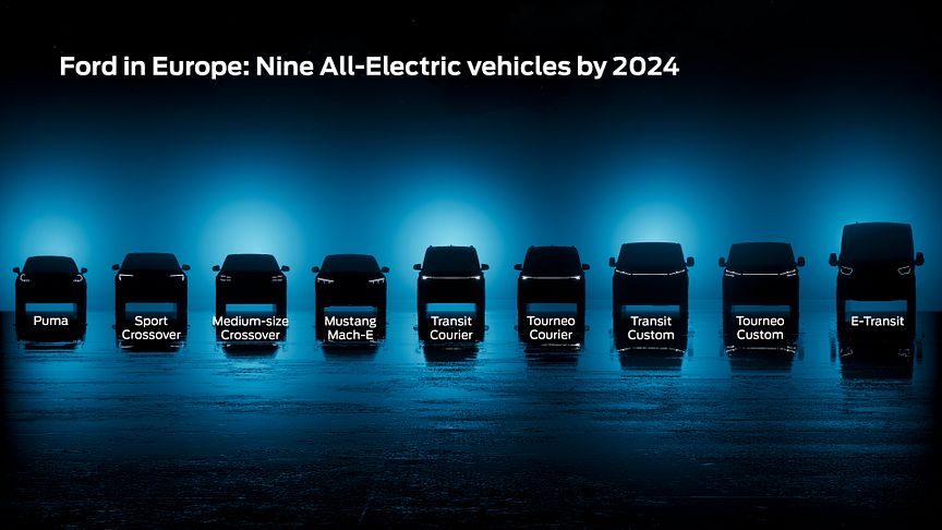 2024-ig a Ford három új elektromos személyautót és négy új elektromos haszonjárművet mutat be Európában; a vállalat azt tervezi, hogy 2026-ra évente több mint 600 ezer elektromos autót értékesít a régióban