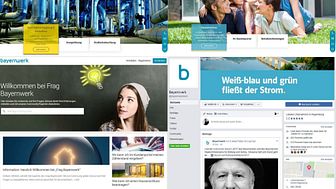 Kunden- und produktorientiert (von oben links im Uhrzeigersinn): die neuen Holding- und Netzwebseiten des Bayernwerks, die neue Facebook-Seite und die Service-Community „Frag Bayernwerk“.