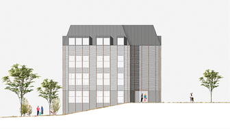 Illustration av bostadshus i Finntorp, Nacka kommun som Hökerum Bygg ska bygga i samarbete med Signus Fastigheter