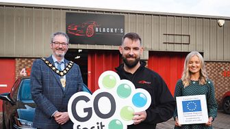 Pictured with Darren Black (centre) is Cllr William McCaughey, Mayor of Mid an East Antrim Borough Council (left) and Catherine Henderson, Business and Marketing Executive at LEDCOM (right)