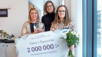 Hanna Nord, Visit Östergötland, tillsammans med Oskar Skott och Jenny Lindgren från Markus Reklambyrå med vinsten.