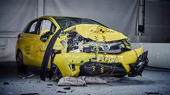 Euro NCAP 20th - the current Honda Jazz shortly after a 40mph frontal offset test in the Thatcham Research Crash Lab