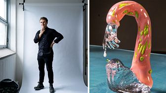Rasmus Nossbring, foto: Johan Knobe. Glasskulptur A little closer, 2021, foto: Rasmus Nossbring.