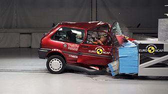 Euro NCAP 20th – the 1997 Rover 100 during a 40mph frontal offset crash test in the Thatcham Research Crash Lab