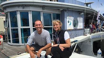 Pip Hare and Paul Larsen on board 'Superbigou' at Poole Boat Show
