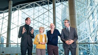 Mathias Döpfner, CEO Axel Springer SE, Friede Springer, Rem Koolhaas, architect and founder of OMA, and Jörn Beckmann, member of the Management Board Ed. Züblin AG (from left to right). Copyright: Dominik Tryba/Axel Springer SE