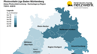 Photovoltaik-Liga Baden-Württemberg: Zubau bei Photovoltaik-Dachanlagen zwischen Mitte 2018 und Mitte 2019 nach Regionen im Südwesten.