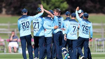 Captain George Balderson celebrates a wicket for England U19s (photo: Getty Sports)