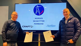 KLARE FOR SAMARBEID: Tom Henriksen, New Wave, og Morten Djupvik fra Norges Skiskytterforbund ser frem til å starte samarbeidet i 2022.