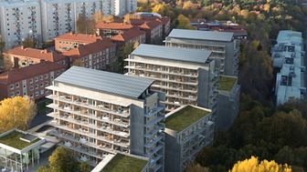 Riksbyggens Brf Viva i Göteborg byggs just nu och får solceller på taken. I kommande Riksbyggenprojekt blir solceller standard. 
