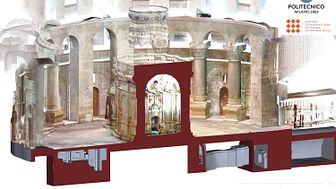 Three-dimensional view of the HBIM model of the floor and of the laser scanner data in the area of the Anastasis Rotunda of the Church of the Holy Sepulchre. 