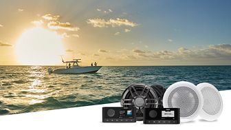 Allt-i-ett kit med marina stereos och högtalarkit från Fusion förhöjer upplevelsen ombord med högkvalitativt ljud och snygg, modern estetik