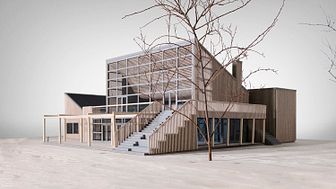 Den nya byggnaden blir det första som möter besökarna hos Granö Beckasin. Foto/modell: Modell i skala 1:50 framtagen av arkitektkontoret Peripheral Works.