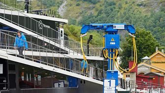 All set: a shore power dispenser unit charging the Vision of the Fjords at the Flåm berth in Norway.