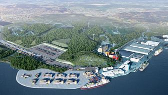 Visionsbild av nya kombiterminalen och etableringsytan för logistikföretag. I förgrunden nya containerhamnen som byggs av SCA. Bild: Sundsvall Logistikpark AB