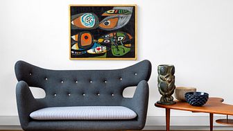 Anton Rooskens’ “Indiaanse Motieven” here pictured with Finn Juhl’s lost sofa, which is up for auction on Thursday. Estimate: DKK 350,000-400.000 (€ 47,00-53,500). Sold for DKK 850,000 (€ 149,000 including buyer’s premium).
