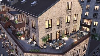 Några lägenheter i HSB brf Guldläge får egna generösa terrasser.
