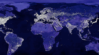 Nattbelysningen på jorda som vist fra verdensrommet. Bildet er satellittbaserte observasjoner av bybelysning fra NASAs lysforurensningskart.