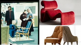 From left: Fair visitors at Stockholm Furniture & Light Fair in the 70s, armchair "Etcetera" from 1971, design by Jan Ekselius, contemporary armchair "Emma", produced by Gärsnäs, photo Lennart Durehed.