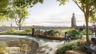 En ny järnvägspark på överdäckade spår med utsikt över stadshuset och Riddarfjärden föreslås i vinnande förslag för framtidens Stockholms Centralstation och stationsområde. Bild: Foster + Partners och Marge Arkitekter/ Jernhusen.