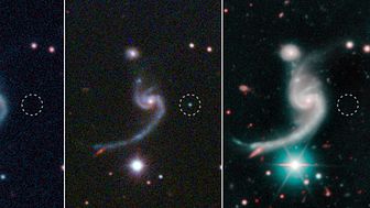 Före, under och efter att den svaga supernovan iPTF14gqr dök upp i utkanten av en spiralgalax 920 miljoner ljusår bort. Den massiva stjärnan som dog i supernovan lämnade efter sig en neutronstjärna i ett binärt system. Foto: SDSS/Caltech/Keck.