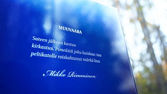 Mikko Rimmisen teksti pylväässä Karakalliossa. Kuva: Vilma Pimenoff.