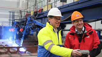 Hurtigruten CEO Daniel Skjeldam (right) officially started the construction of MS Roald Amundsen - the greenest expedition cruise ship the world has ever seen at Kleven Yards, Norway. Kleven CEO Ståle Rasmussen (left).