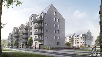 Visionsbild för ÖrebroBostäders nya bostadshus med tillhörande förskola i södra Ladugårdsängen i Örebro.