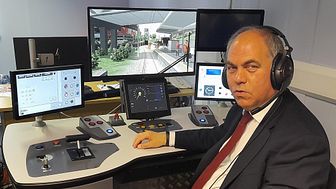 Bambos Charalambous, MP for Enfield and Southgate, takes a train for a spin on one of the Great Northern simulators (download this picture and one other in high res from below press release)