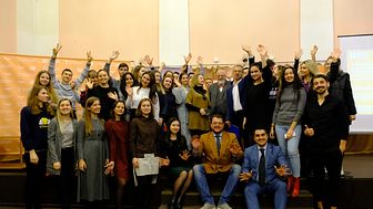 Students and staff from Taras Shevchenko National University in Kyiv celebrate their new partnership project with Northumbria University
