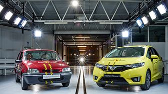 Euro NCAP 20th - the 1997 Rover 100 and a current Honda Jazz line up in the Thatcham Research Crash Lab