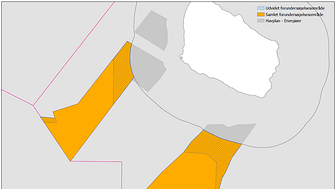 De udvidede forundersøgelsesområder er skraveret i de orange områder. I de samlede forundersøgelsesområder i Østersøen vil der kunne placeres op til 3 GW havvind ifm. Energiø Bornholm.