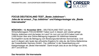 FOCUS DEUTSCHLAND TEST „Beste Jobbörsen“:  Jobs.de ist erneut „Top Jobbörse“ und Kategoriesieger als „Beste Internetseite“