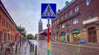 Regnbågsfärgad vägskylt i Lund, efter medborgarförslag från Joakim Månsson Bengtsson (Fi). Foto: Olaya Tapia