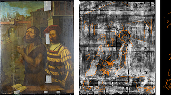 From left-right: The painting as it appears today, the x-ray of the painting discovered underneath with the figures outlined, and the outline without the x-ray background.