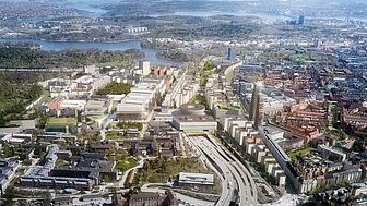 Hagastaden är en expansiv stadsdel, strategiskt belägen där Stockholm och Solna möts.  Illustration: Stockholm Science City Foundation 