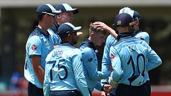 Lewis Goldsworthy celebrates a wicket against West Indies at the 2020 ICC U19 World Cup (IBC/Getty Images)