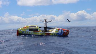 Lia Ditton celebrates finishing her epic 86-day row from San Francisco to Hawaii. Credit: Ken Watts