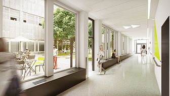 Syntolkning: Skissbild och fotomontage av tänkt sjukhuskorridor med dörr öppen mot innergård.