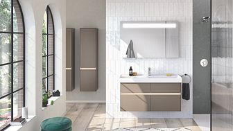 På bilden badrumsmöbler ur serien Collaro i färgen tryffelgrå, från Villeroy & Boch