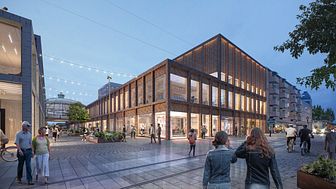 Visionsbild av Lundbergs Fastigheters planer för att utveckla citykvarteren i Norrköping.