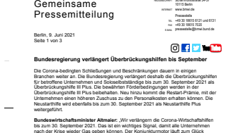 Pressemitteilung vom 09.06.2021 zu Überbrückungshilfen: Verlängerung bis 30.09.2021, Erhöhung der Obergrenze