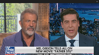 Celebrity Mel Gibson being interviewed by Fox News anchor Jesse Watters