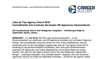 Jobs.de Top Agency Award 2018: CareerBuilder kürt erstmals die besten HR-Agenturen Deutschlands