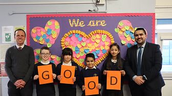 Steve Wedgeworth, head teacher at St Peter's CE Primary School, with Cllr Tamoor Tariq and school pupils.