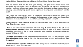 Fred. Olsen Cruise Lines is ‘Best Value for Money’ three years in a row, as voted by Cruise Critic experts