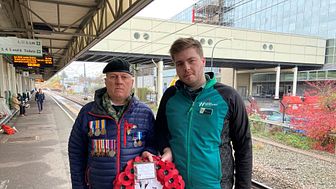 Oscar Wilding, from The Veterans Charity, at Milton Keynes station with Max Rumsey-Kane from London Northwestern Railway